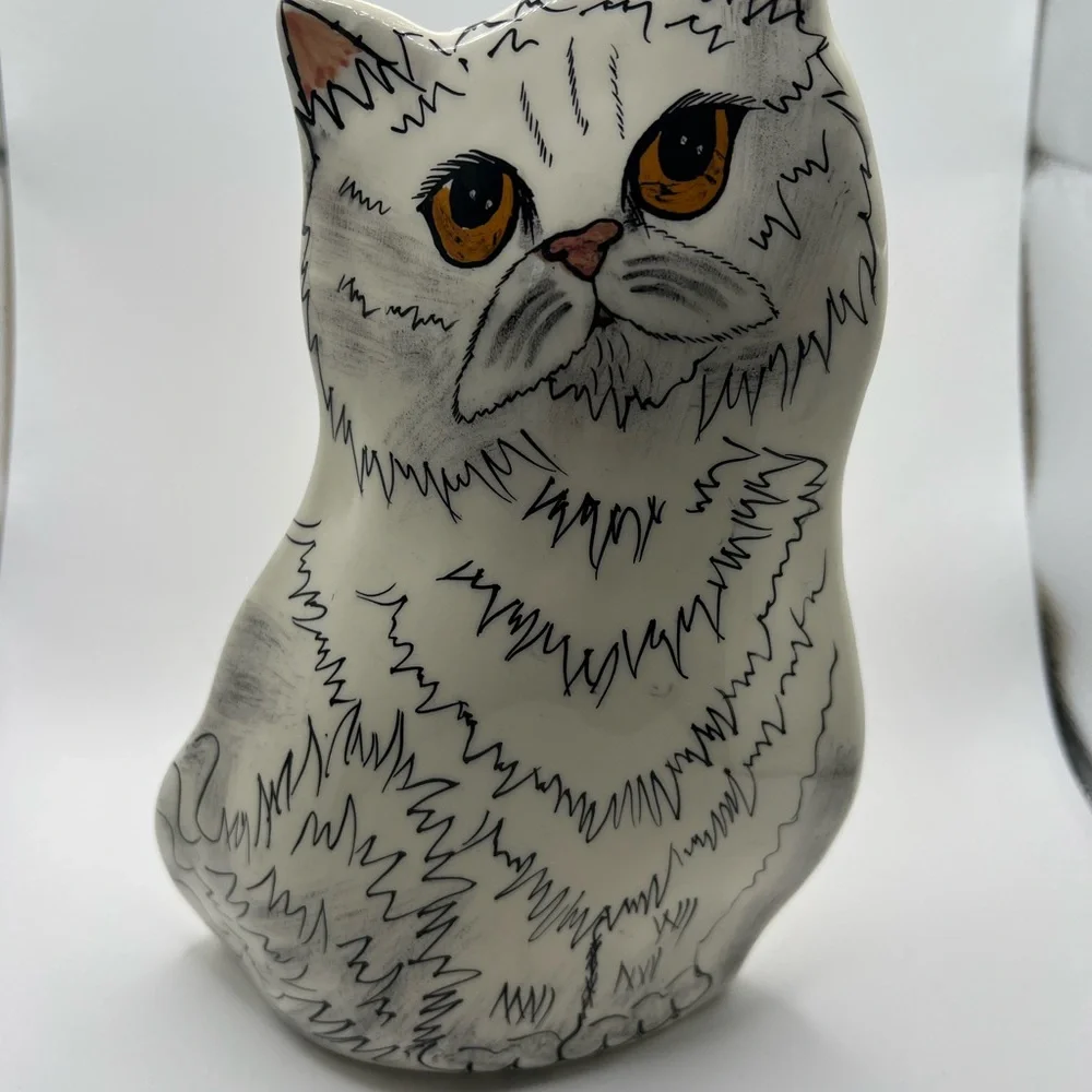 Vtg Cats by Nina Lyman Ceramic Cat Vase FigurinePersian White Cat Gold Eye